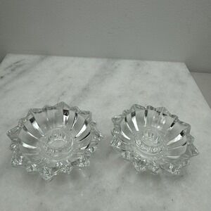 Vintage 60's Round Starburst Cut Glass Candle Stick Holder Set Of 2